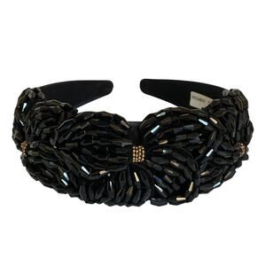 Luxury Black Beaded Floral Headband Wide Satin Statement Elegant NEW